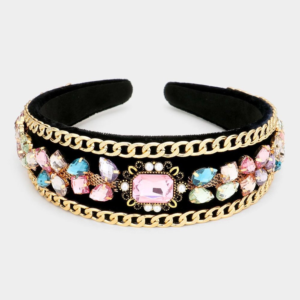 Multi Color Stone Embellished Headband, Luxury Chunky Headband - Picture 2 of 2